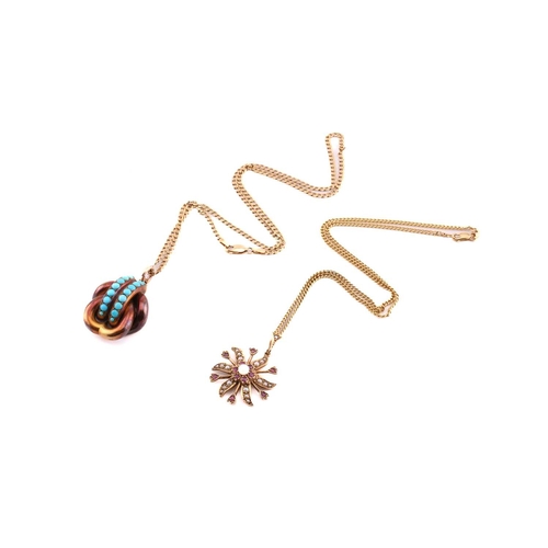 65 - Two gem-set pendants on chain; to include a floral pendant with seed pearls and rubellite accents, o... 