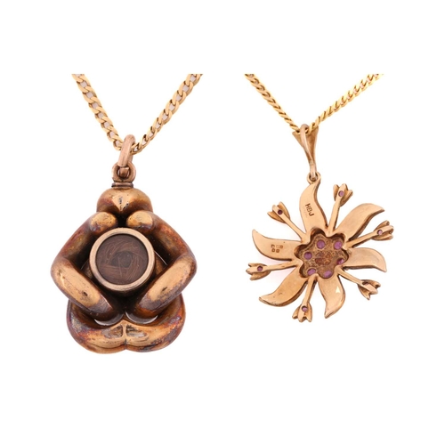 65 - Two gem-set pendants on chain; to include a floral pendant with seed pearls and rubellite accents, o... 