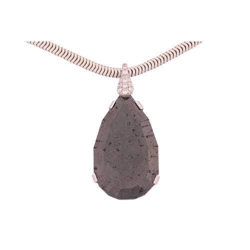 70 - A carbonado diamond pendant on chain, featuring a large pear-shaped faceted carbonado (polycrystalli... 