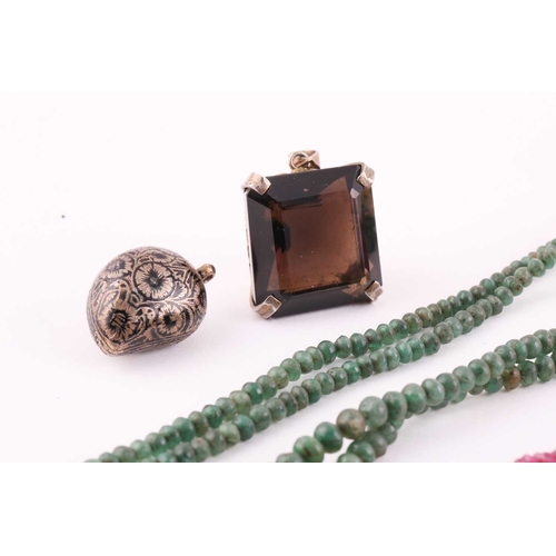 73 - A mixed lot of bead necklaces and two gem-set pendants; two ruby faceted bead necklaces with yellow ... 