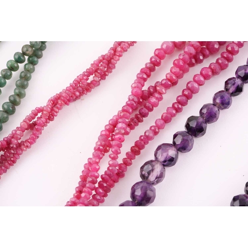 73 - A mixed lot of bead necklaces and two gem-set pendants; two ruby faceted bead necklaces with yellow ... 