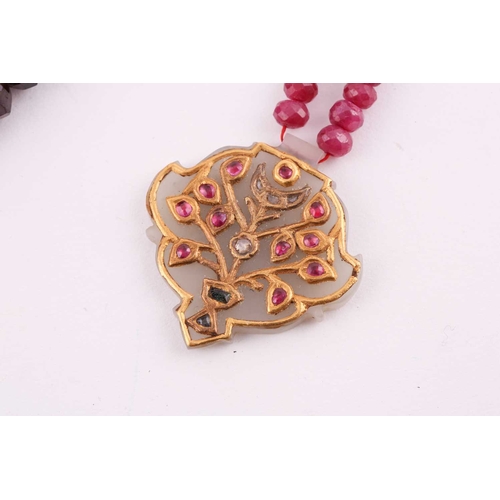 73 - A mixed lot of bead necklaces and two gem-set pendants; two ruby faceted bead necklaces with yellow ... 