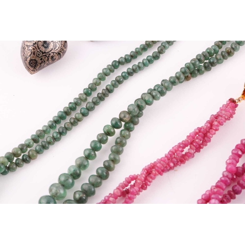 73 - A mixed lot of bead necklaces and two gem-set pendants; two ruby faceted bead necklaces with yellow ... 