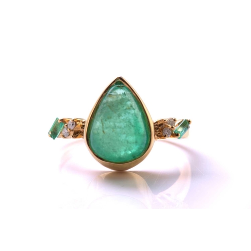79 - An emerald and diamond 18ct gold ring, centred with a pear-shaped emerald double cabochon, approxima... 