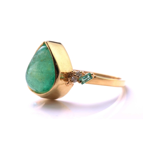 79 - An emerald and diamond 18ct gold ring, centred with a pear-shaped emerald double cabochon, approxima... 