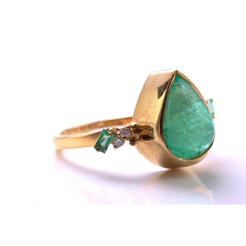 79 - An emerald and diamond 18ct gold ring, centred with a pear-shaped emerald double cabochon, approxima... 