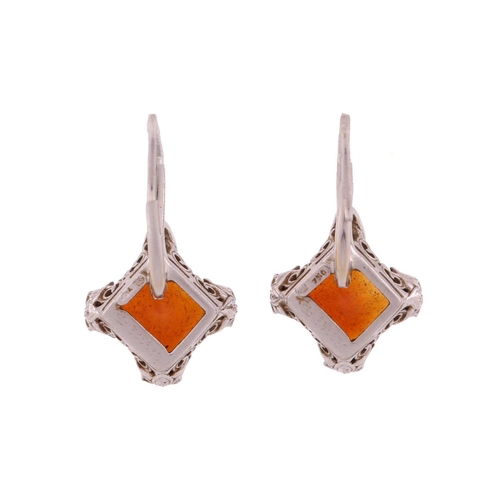 81 - A pair of citrine earrings, each comprises a square mixed princess cut citrine approximately measure... 