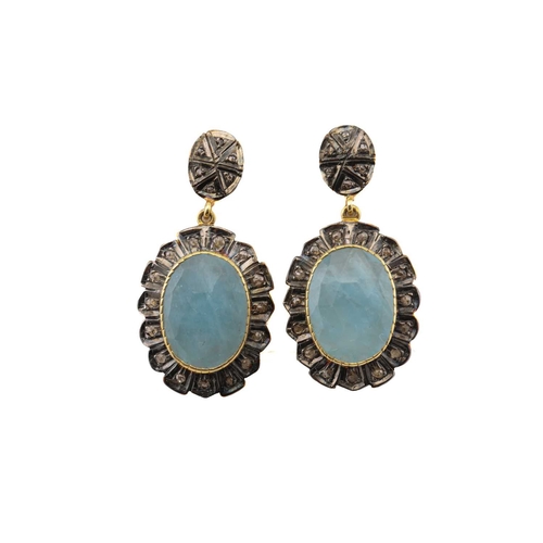 96 - A pair of aquamarine and diamond drop earrings, each comprises an oval rose cut aquamarine collet se... 