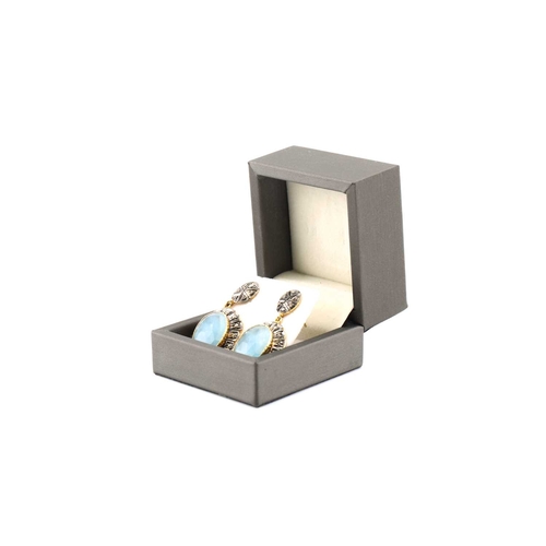 96 - A pair of aquamarine and diamond drop earrings, each comprises an oval rose cut aquamarine collet se... 