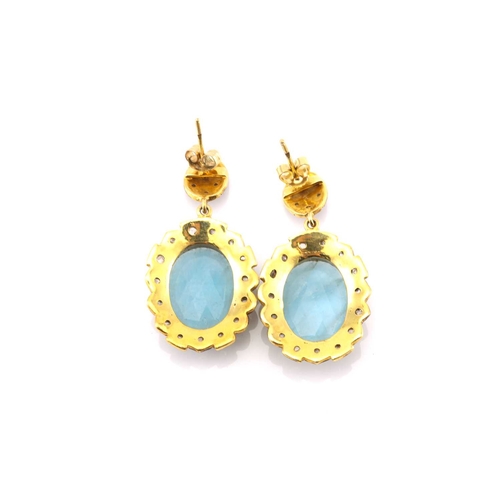 96 - A pair of aquamarine and diamond drop earrings, each comprises an oval rose cut aquamarine collet se... 