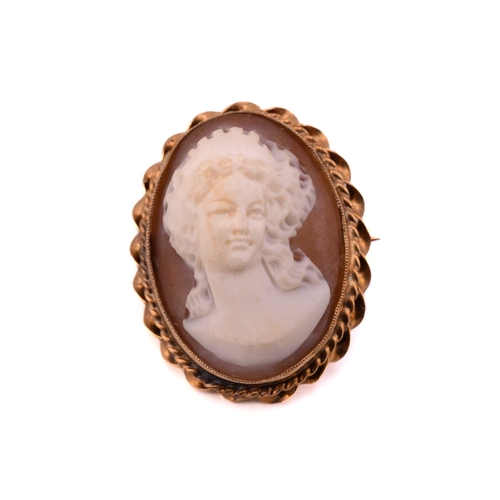 97 - A small mixture of 9ct gold jewellery and a cameo marcasite pendant; A helmet shell cameo brooch, in... 