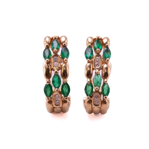 231 - A pair of emerald and diamond earrings, each comprises six marquise-shaped emeralds and four brillia... 