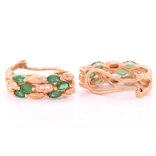 231 - A pair of emerald and diamond earrings, each comprises six marquise-shaped emeralds and four brillia... 