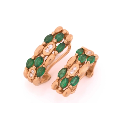 231 - A pair of emerald and diamond earrings, each comprises six marquise-shaped emeralds and four brillia... 