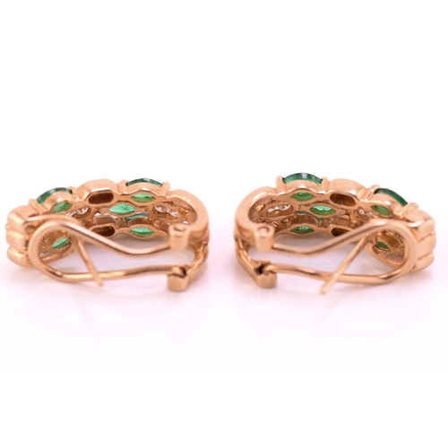 231 - A pair of emerald and diamond earrings, each comprises six marquise-shaped emeralds and four brillia... 