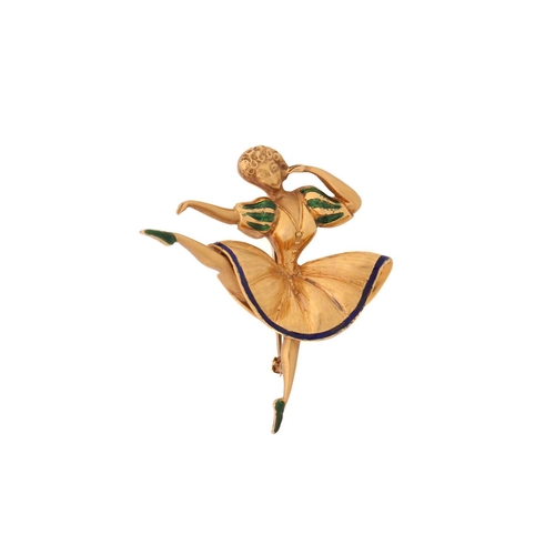 253 - An enamel ballerina brooch, featuring a figurine of a dancing ballerina in a textured dress with ena... 