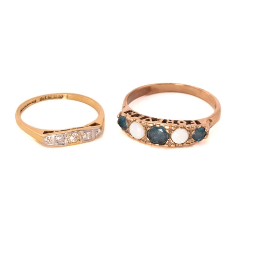 254 - A five-stone diamond ring and a five-stone topaz and opal ring; The first ring has five single-cut d... 