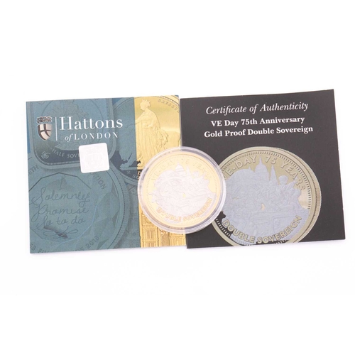 270 - An Elizabeth II VE Day 25th Anniversary gold proof double sovereign. Dated 2020. In fitted case, wit... 