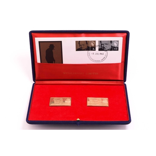 274 - A set of collectable replicas of Sir Winston Churchill commemorative stamps in 18ct gold, after the ... 