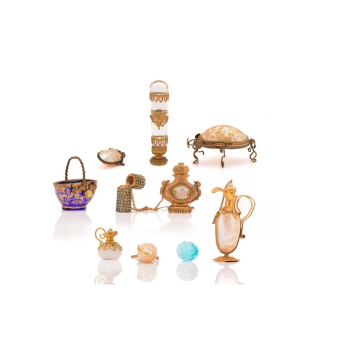 287 - Collection of small Continental objects of virtue including a French gilt metal scent bottle painted... 