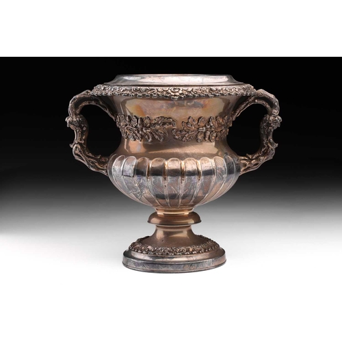 472 - A Victorian old Sheffield plated two-handled Campagna urn form wine cooler the half gadrooned body w... 