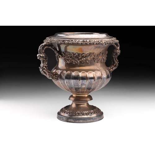 472 - A Victorian old Sheffield plated two-handled Campagna urn form wine cooler the half gadrooned body w... 