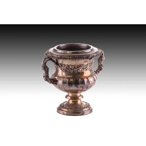 472 - A Victorian old Sheffield plated two-handled Campagna urn form wine cooler the half gadrooned body w... 