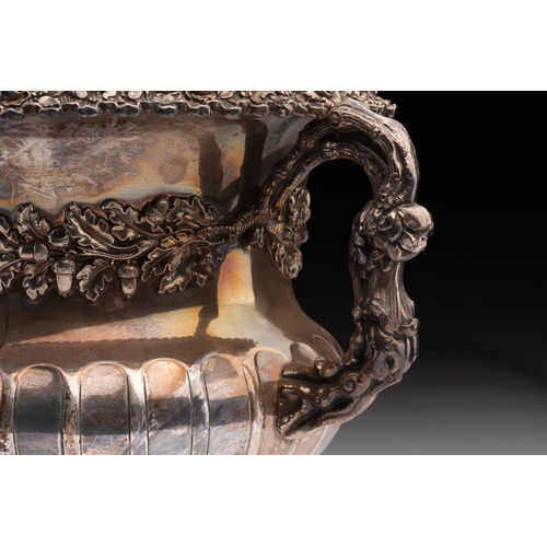 472 - A Victorian old Sheffield plated two-handled Campagna urn form wine cooler the half gadrooned body w... 