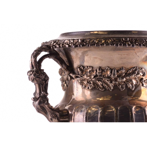 472 - A Victorian old Sheffield plated two-handled Campagna urn form wine cooler the half gadrooned body w... 