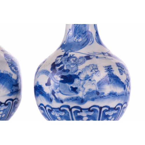 100 - A pair of Chinese blue and white porcelain bottle vases, Qing Dynasty, late 19th century, painted wi... 