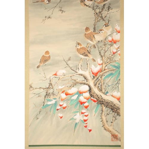 103 - After Yan Bo Long, sparrows alighting on thorny branch, a watercolour on paper scroll painting, 115.... 