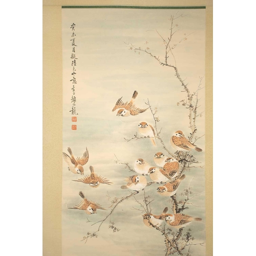 103 - After Yan Bo Long, sparrows alighting on thorny branch, a watercolour on paper scroll painting, 115.... 