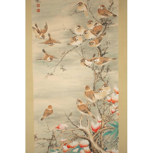 103 - After Yan Bo Long, sparrows alighting on thorny branch, a watercolour on paper scroll painting, 115.... 