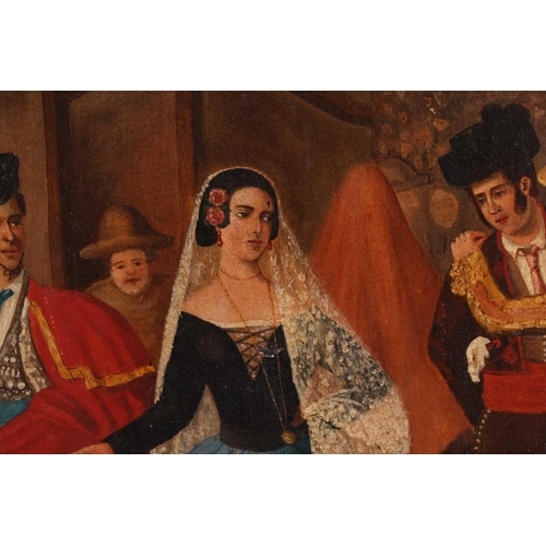 11 - 19th-century Spanish school, a pair of betrothal/marriage scenes, unsigned oils on board, each 49 cm... 