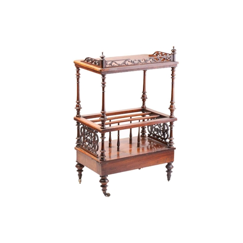 110 - A Victorian figured walnut music Canterbury, with inlaid decoration and pierced three-quarter galler... 