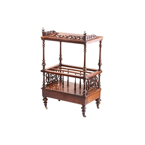 110 - A Victorian figured walnut music Canterbury, with inlaid decoration and pierced three-quarter galler... 