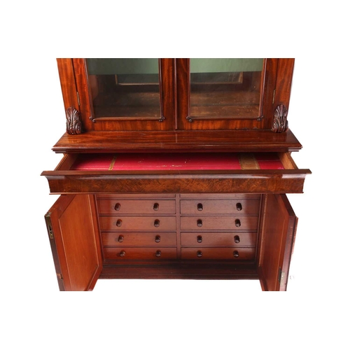 114 - A Victorian figured mahogany collectors cabinet bookcase. The upper section with a pair of shaped gl... 