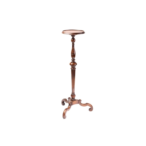 115 - A Queen Anne style walnut torchere stand with dish top inverted trumpet column and Vitruvian scroll ... 