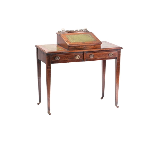 118 - A late Victorian satinwood strung figured rosewood governess's desk with raised central section fitt... 