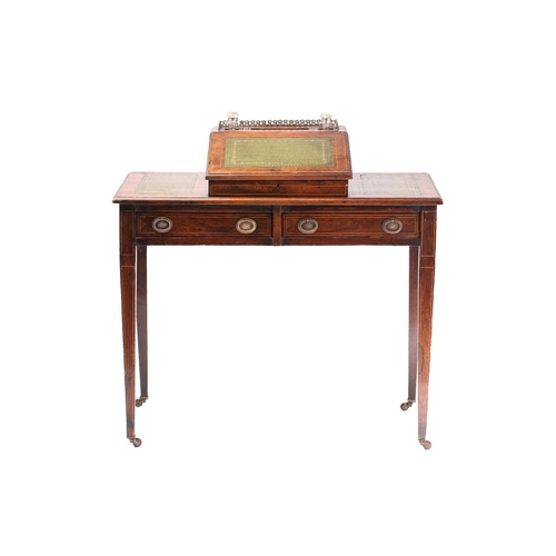 118 - A late Victorian satinwood strung figured rosewood governess's desk with raised central section fitt... 