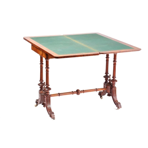 120 - A Victorian rectangular figured burr walnut and ebony fold-over gaming table with quartered top, An ... 