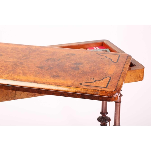 120 - A Victorian rectangular figured burr walnut and ebony fold-over gaming table with quartered top, An ... 