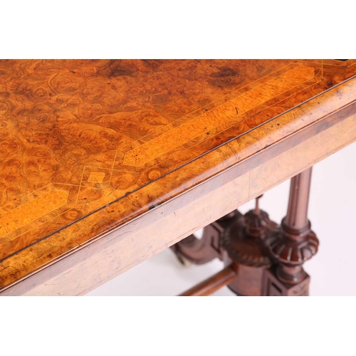 120 - A Victorian rectangular figured burr walnut and ebony fold-over gaming table with quartered top, An ... 