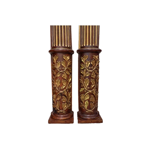 147 - A pair of large and impressive architectural mahogany effect carved wood and parcel gilt (engaged) c... 