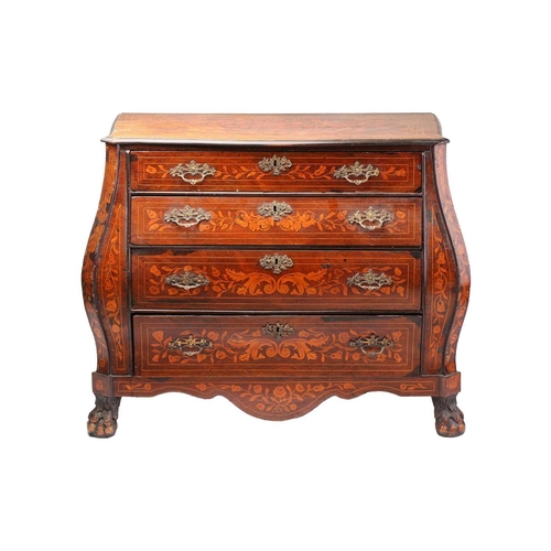 148 - An early 19th-century Dutch marquetry inlaid mahogany bombe commode chest of four long drawers with ... 