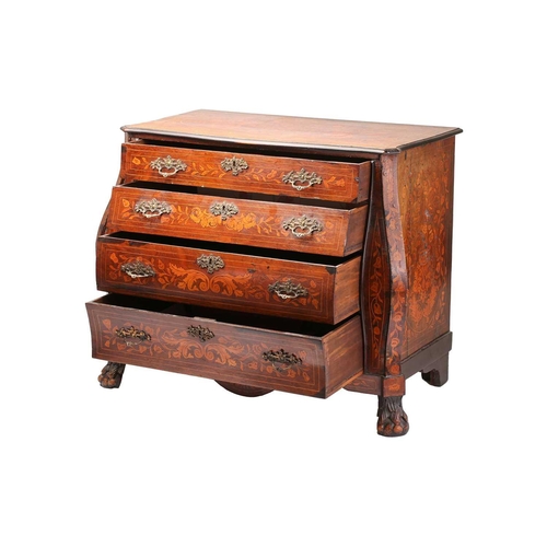 148 - An early 19th-century Dutch marquetry inlaid mahogany bombe commode chest of four long drawers with ... 