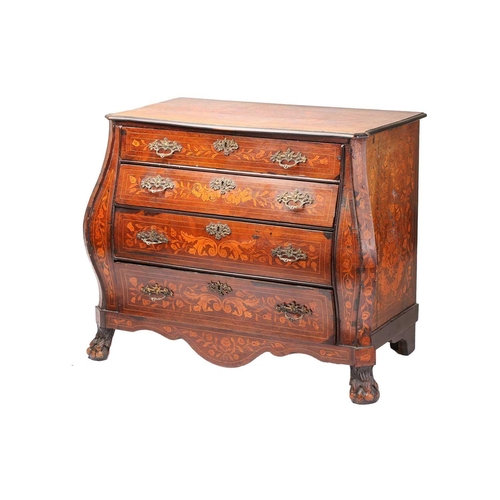 148 - An early 19th-century Dutch marquetry inlaid mahogany bombe commode chest of four long drawers with ... 