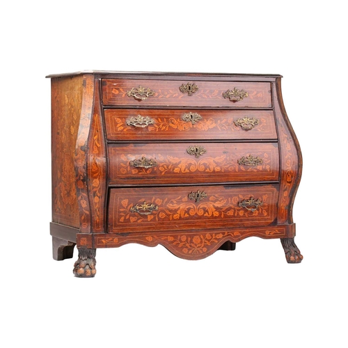 148 - An early 19th-century Dutch marquetry inlaid mahogany bombe commode chest of four long drawers with ... 