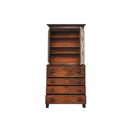 157 - A George IV mahogany secretaire bookcase with astragal glazed upper section enclosing adjustable she... 