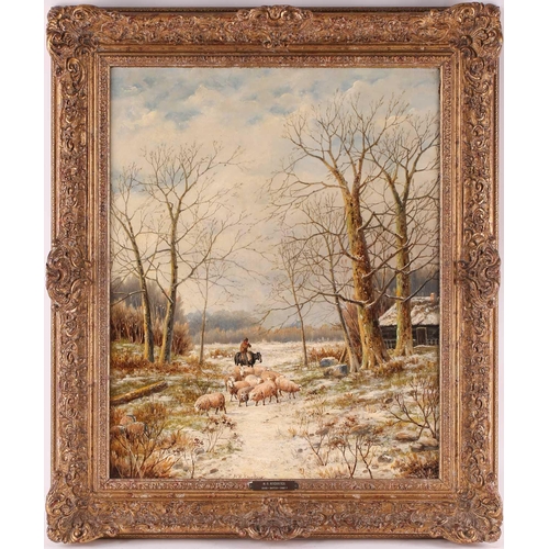 16 - Hendrik Barend Koekkoek (1849-1909) Dutch, a shepherd and his flock amongst trees, snow on the groun... 